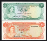 World Banknotes - Bahamas - Monetary Authority - 1 Dollar 1968 Queen Elizabeth II (P. 27a) + 5 Dollars 1974 (P. 37a) - Total 2 pcs. - UNC.