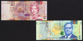 World Banknotes - Bahamas - Central Bank - 3 Dollars 2019 Queen Elizabeth II Replacement (P. 78Ar) + 10 Dollars 2016 Stafford Sands (P. 79) - UNC - To...