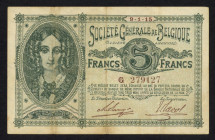 World Banknotes - Belgium - 1 + 2 + 5 Francs 1915 Portrait Queen Louise-Marie at left (P. 86, 87 + 88) - Total 3 pcs. in VF, VG and Fine