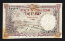 World Banknotes - Belgian Congo - 5 Francs 4.12.1924 (P. 8) - cleaned, pressed, split, stains, repaired - appears VF.
