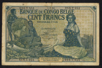 World Banknotes - Belgian Congo - 100 Francs 1.2.1929 Woman with portrait Ceres + boy with elephant tusk / Woman and child at left + Fisherman (P. 11f...