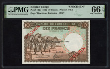 World Banknotes - Belgian Congo - 10 Francs 10.7.1942 Specimen, 2nd edition (P. 14Bs) - PMG Gem UNC 66 EPQ.