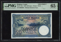 World Banknotes - Belgian Congo - 20 Francs 10.4.1946 Specimen (P. 15Es) - PMG Gem UNC 65 EPQ.