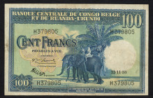 World Banknotes - Belgian Congo - 100 Francs 15.11.1953 Elephants (P. 25a) - pressed - a.VF