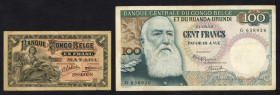 World Banknotes - Belgian Congo - 1 Franc 26.6.1920 Matadi (P. 3B), 100 Francs 1.5.1956 King Leopold II (P. 33a) - 2 pcs. in a.VF, added Congo 500 Fra...
