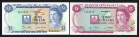 World Banknotes - Bermuda - 1 Dollar 1.1.1986 (P. 28), 5 Dollars 6.2.1970 (P. 24) Queen Elizabeth II on right - Total 2 pcs. - UNC.