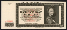 World Banknotes - Bohemia and Moravia - 500 Korun 24.2.1942 artist Peter Brandl (P. 11s) - Specimen perforation - normal s/n #A 395662 - UNC.