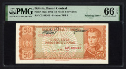 World Banknotes - Bolivia - 50 Pesos Bolivianos 1962 Error (P. 162a) - sign. placed upside down at top margin - PMG Gem. UNC 66 EPQ