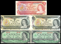 World Banknotes - Canada - 1 (4) + 2 Dollars 1967, 1973-74 Queen Elizabeth II (P. 84a-84b, 85a-85c, 86a) - Total 5 pcs. in UNC