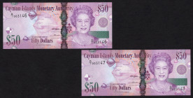 World Banknotes - Cayman Islands - 50 Dollars 2010 Queen Elizabeth II, Stingray on reverse, sign. Scotland/Bush, Prefix D/1 (P. 42) - Total 2 consecut...