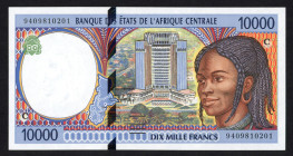 World Banknotes - Central African States - 10.000 Francs (19)94 Building + young woman (P. 105Ca) - code letter C for Congo - UNC.