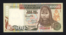 World Banknotes - Colombia - 10.000 Pesos 1992 Mujer Embera at right, colorful birds on reverse (P. 437a) - UNC.