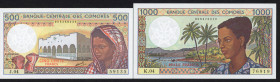 World Banknotes - Comoros - 500 + 1000 Francs ND (1984 -) Woman at right (P. 10a + 11a) - Total 2 pcs. - UNC.