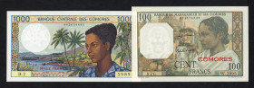 World Banknotes - Comoros - 100 Francs ND (1963) Banque de Madagascar et des Comores (P. 3b) - UNC + 1000 Francs ND (1984) Banque Centrale des Comores...
