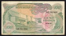 World Banknotes - Congo - Democratic Republic - 100 Francs 7.6.1963, Dam at left/Dredging at right (P. 1a) - VF..