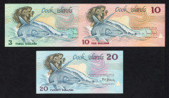 World Banknotes - Cook Islands - 3 + 10 + 20 Dollars ND (1987) Woman and the shark (P. 3a-4a-5a) - Total 3 pcs. - UNC.