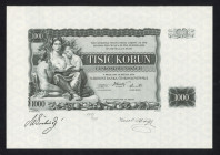 World Banknotes - Czechoslovakia - 1000 korun 1934 (P. 26) - Front proof uniface print on watermarked paper - 267/500 - XF/aUNC..