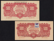 World Banknotes - Czechoslovakia - 500 Korun 1944 horizontal perforation / with blue E adhesive stamp (P. 49s- 55s) - Total 2 Specimen notes - UNC