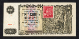 World Banknotes - Czechoslovakia - 1000 Korun 25.11.1940 with Y adhesive stamp (P. 56s) - Specimen - aUNC - small stain upper right margin..