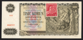 World Banknotes - Czechoslovakia - 1000 Korun 25.11.1940 with Y adhesive stamp (P. 56s) - Specimen - UNC