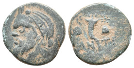CIMMERIAN BOSPOROS, Pantikapaion. (Circa 150-120 BC). AE.
Obv. Bearded head of satyr left
Rev. Cornucopiae between piloi of the Dioskouroi; ΠΑΝ-ΤΙ a...