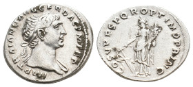 Trajan. AD 98-117. AR Denarius. Rome mint. Struck AD 111.
Obv. Laureate bust right
Rev. Pax standing left, setting fire to pile of arms left, holdin...