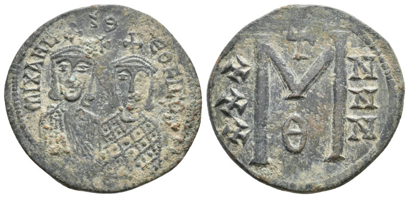 MICHAEL II AMORIANUS with THEOPHILUS, 820-829 AD. Follis, Constantinople. 9.01g ...