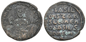 BASIL I THE MACEDONIAN with LEO VI and CONSTANTINE (867-886 AD). AE, Follis. Constantinople. 7.41g 26.5m