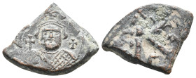 LEONTIUS (695-698). Half Follis. Constantinople. Dated RY 1 (695/6).
Obv: Crowned facing bust, holding globus cruciger; cross to right.
Rev: Large K...