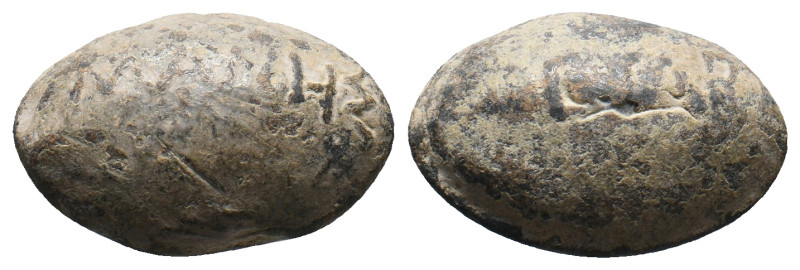 ANCIENT GREEK PB SLING BULLET. (CIRCA 4TH-1ST CENTURY BC). 24.65g 26.35m