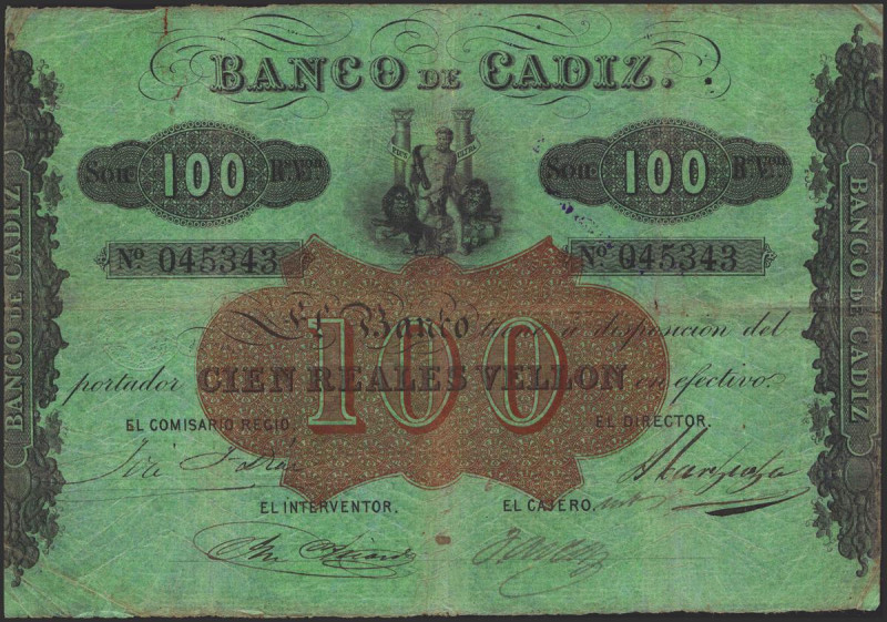 BANCO DE CADIZ. 100 Reales. Sin fecha. Emisión III. (Edifil 2021: 78). Habituale...