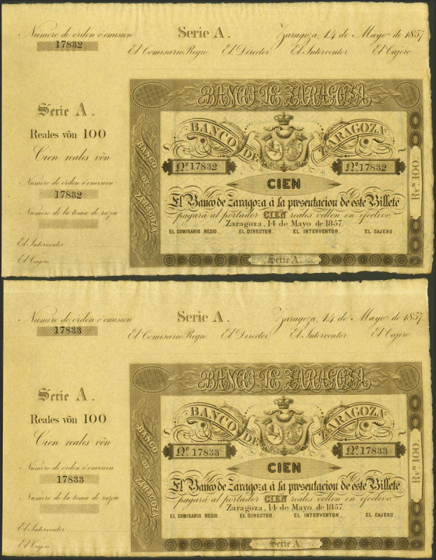 100 Reales. 14 de Mayo de 1857. Pareja correlativa. Banco de Zaragoza. Serie A y...
