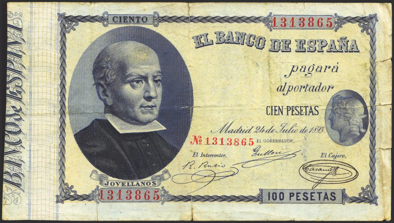 100 Pesetas. 24 de Julio de 1893. Sin serie. (Edifil 2017: 302). Raro, especialm...