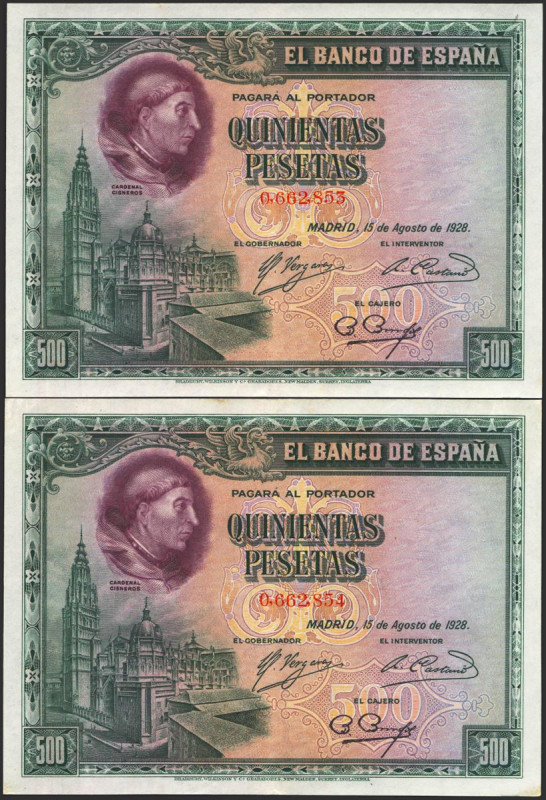 500 Pesetas. 15 de Agosto de 1928. Pareja correlativa. Sin serie. (Edifil 2021: ...