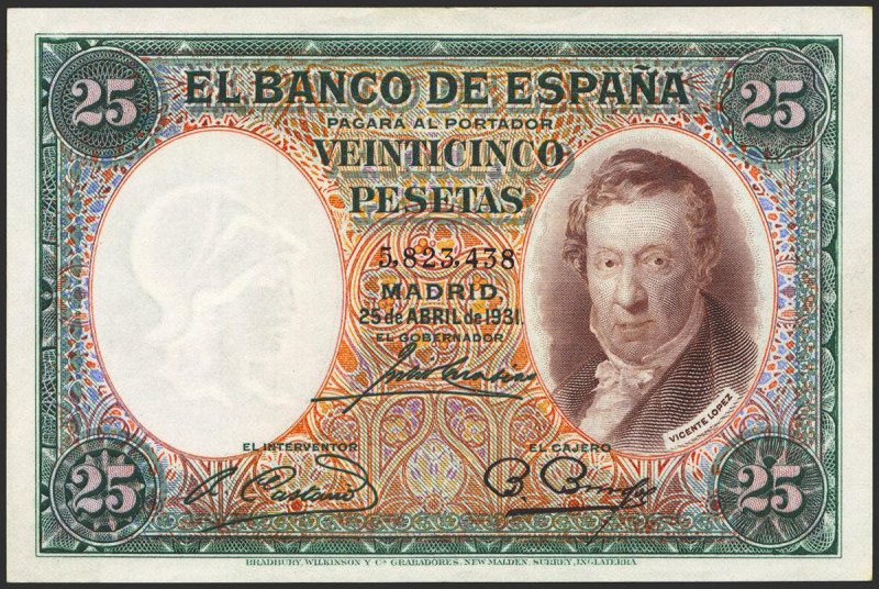 25 Pesetas. 25 de Abril de 1931. Sin serie. (Edifil 2021: 358). Conserva la gran...