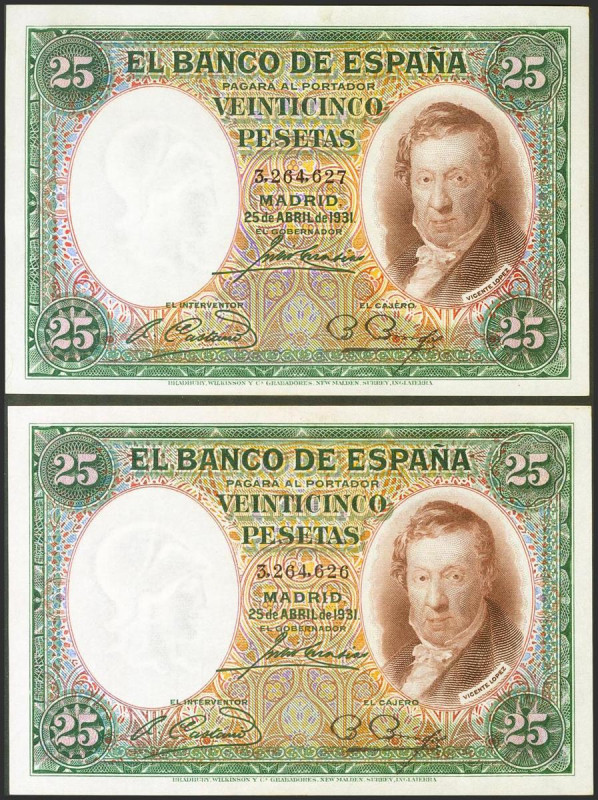 25 Pesetas. 25 de Abril de 1931. Pareja correlativa. Sin serie. (Edifil 2021: 35...