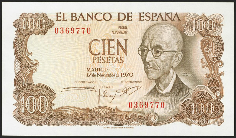 100 Pesetas. 17 de Noviembre de 1970. Sin serie. (Edifil 2021: 472). Conserva to...