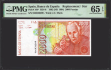 2000 Pesetas. 24 de Abril de 1992. Serie especial 9D. (Edifil 2021: 482Ab, Pick: 164*). Raro en esta calidad, apresto original. SC. Encapsulado PMG65E...