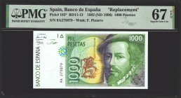 1000 Pesetas. 12 de Octubre de 1992. Serie especial 9A. (Edifil 2021: 483c, Pick: 163*). Raro en esta excepcional calidad. SC. Encapsulado PMG67EPQ.