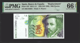 1000 Pesetas. 12 de Octubre de 1992. Serie especial 9B. (Edifil 2021: 483c, Pick: 163*). Inusual en esta excepcional calidad. SC. Encapsulado PMG66EPQ...