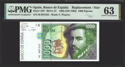 1000 Pesetas. 12 de Octubre de 1992. Serie especial 9C. (Edifil 2021: 483d, Pick: 163*). Manchita del tiempo en la esquina superior izquierda . SC-. E...