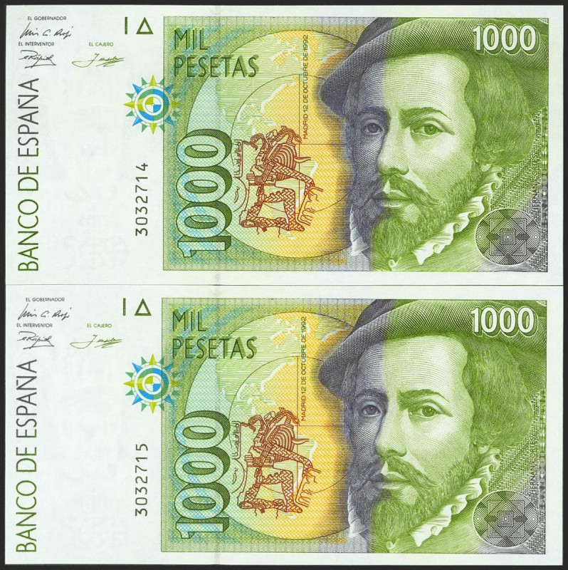 1000 Pesetas. 12 de Octubre de 1992. Pareja correlativa. Sin serie. (Edifil 2021...