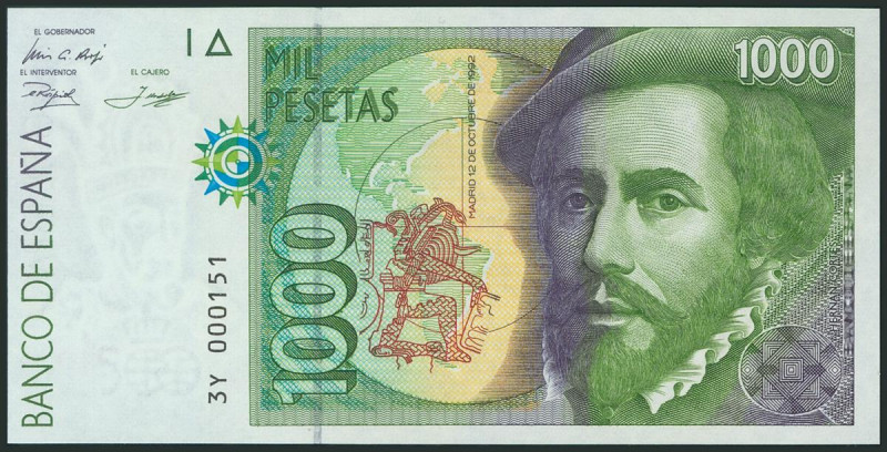 1000 Pesetas. 12 de Octubre de 1992. Tipo II. Serie 3Y y numeración baja y capic...