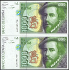 1000 Pesetas. 12 de Octubre de 1992. Pareja correlativa. Serie 6J. (Edifil 2021: 483b). SC.