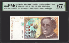 5000 Pesetas. 12 de Octubre de 1992. Serie especial 9A. (Edifil 2021: 484b, Pick: 165*). Inusual en esta excepcional calidad. SC. Encapsulado PMG67EPQ...