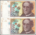 5000 Pesetas. 12 de Octubre de 1992. Pareja correlativa. Serie especial 9A. (Edifil 2021: 484b). SC.