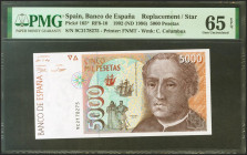 5000 Pesetas. 12 de Octubre de 1992. Serie especial 9C. (Edifil 2021: 484b, Pick: 165*). Inusual en esta excepcional calidad. SC. Encapsulado PMG65EPQ...