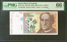 5000 Pesetas. 12 de Octubre de 1992. Sin serie. (Edifil 2021: 484, Pick: 165). Raro en esta excepcional calidad, apresto original. SC. Encapsulado PMG...