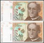 5000 Pesetas. 12 de Octubre de 1992. Pareja correlativa. Serie 5Q. (Edifil 2021: 484a). SC.