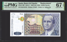 10000 Pesetas. 12 de Octubre de 1992. Serie especial 9A. (Edifil 2021: 485b, Pick: 166*). Raro en esta excepcional calidad. SC. Encapsulado PMG67EPQ.